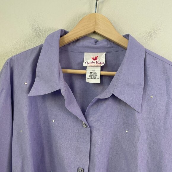 Quacker Factory Womens Plus 3X Lavender Linen Cotton Button Up Shirt Blouse - Picture 6 of 12